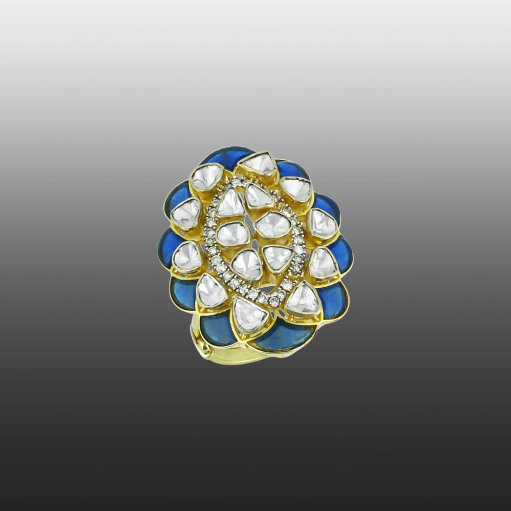 Floral Polki Ring with Blue Talaf and Diamonds